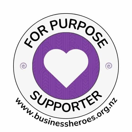 For-Purpose Supporter Mark with a purple heart design and the website www.businessheroes.org.nz.