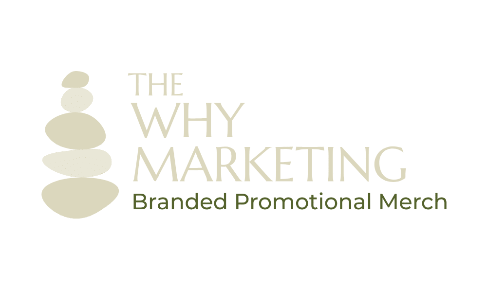 The Why Marketing logo with stacked stones and the tagline "Branded Promotional Merch."