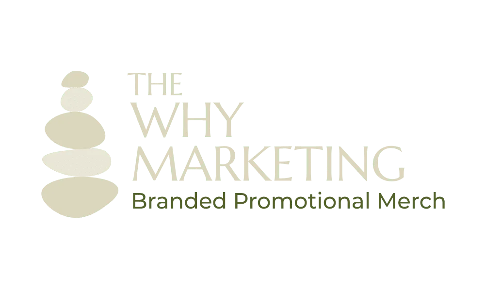 The Why Marketing logo with stacked stones and the tagline "Branded Promotional Merch."