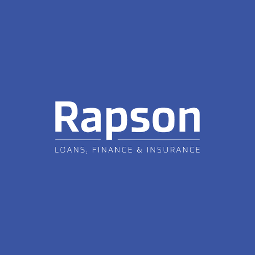 Rapson logo in white text on a blue background, with the tagline "Loans, Finance & Insurance" in uppercase below the brand name.