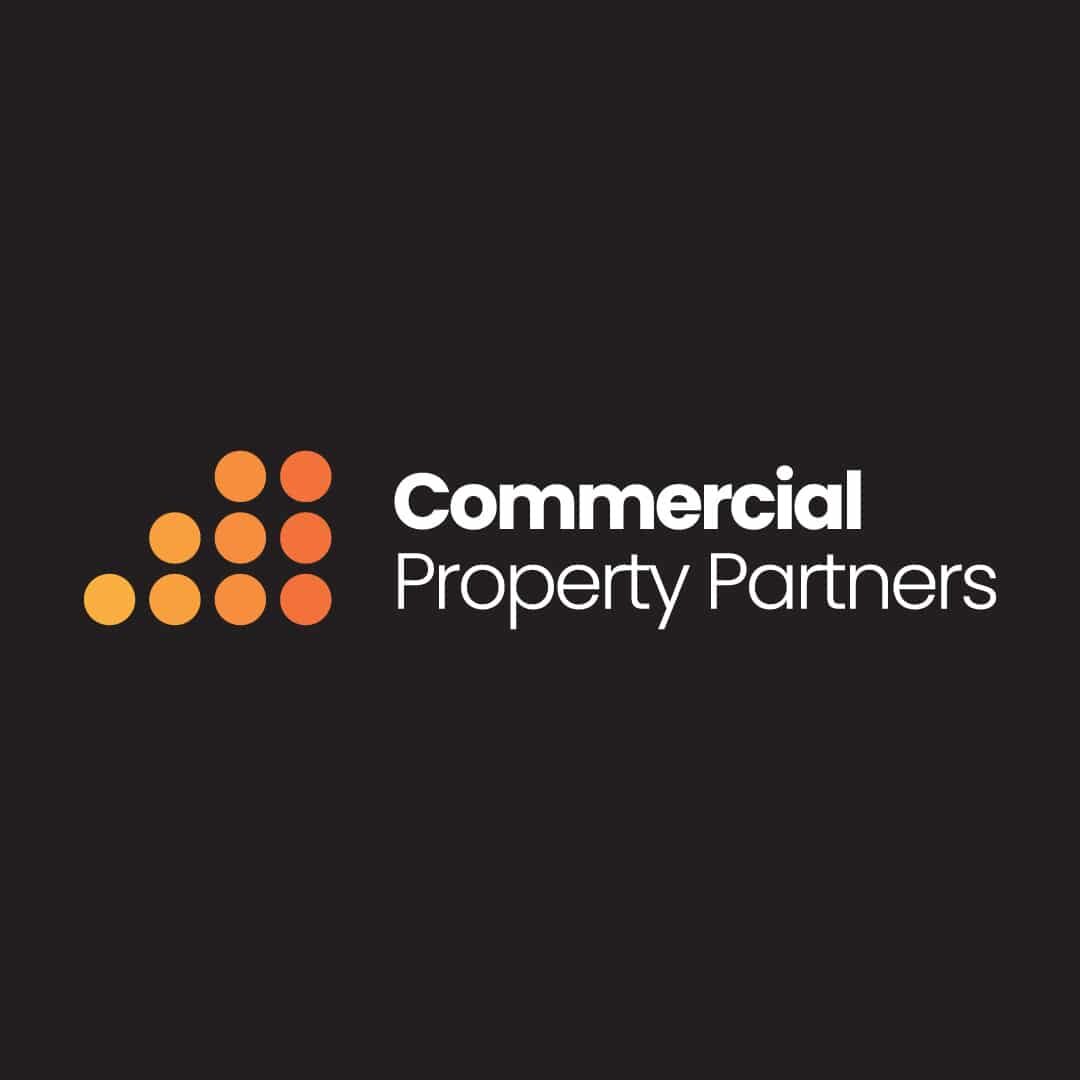 Logo for Commercial Property Partners featuring stacked orange gradient dots and modern white text on a black background.